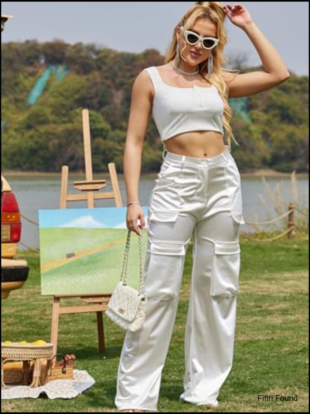 High Waisted Satin Cargo Pants Wide Leg Loose Fit with Pockets XL - Picture 3 of 7